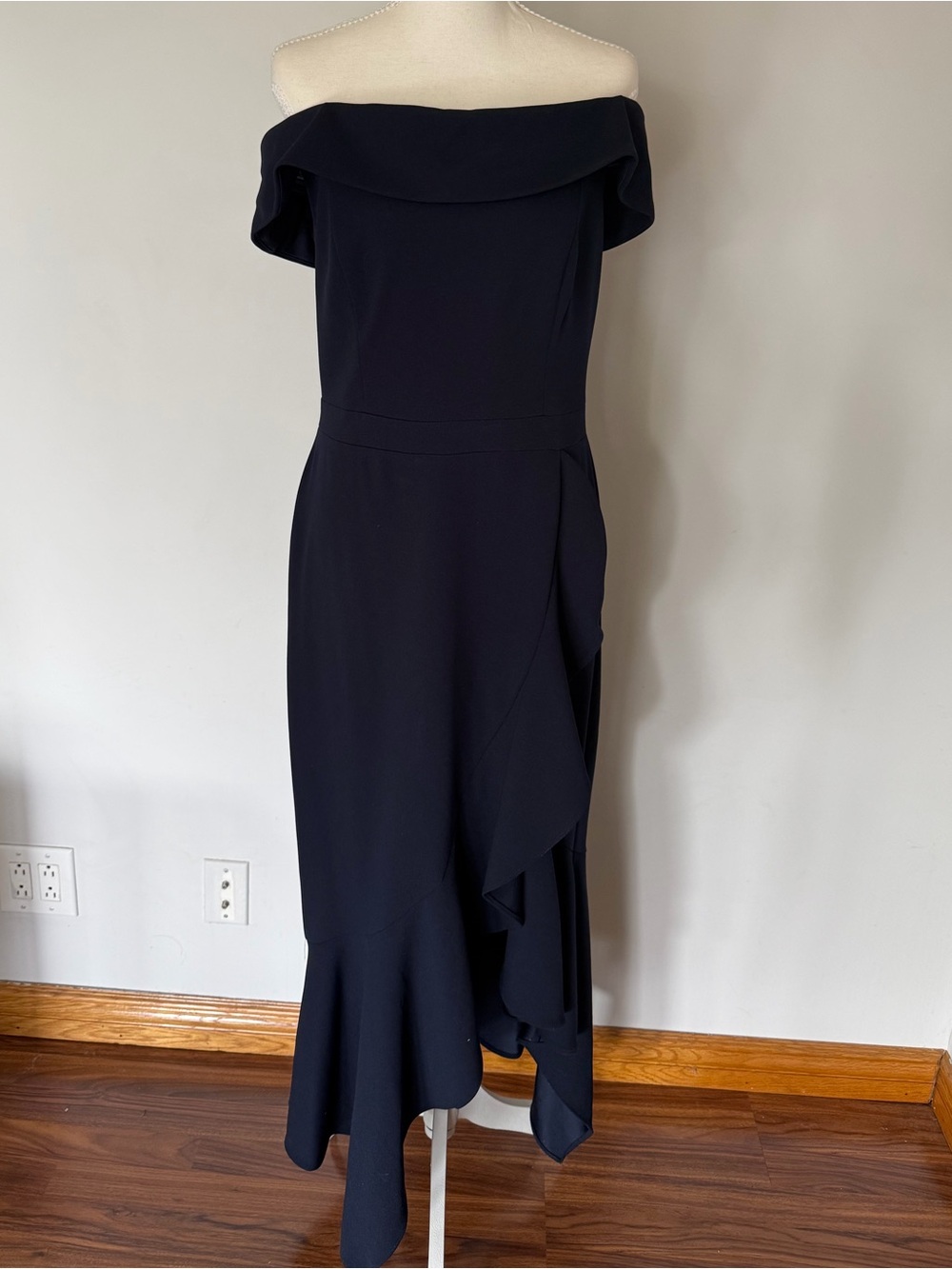 Aqua Navy Off-Shoulder Ruffle Midi Dress